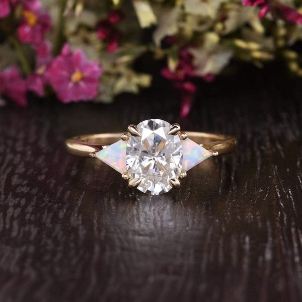 Oval Cut Moissanite & Opal Engagement Ring, Edwardian Design