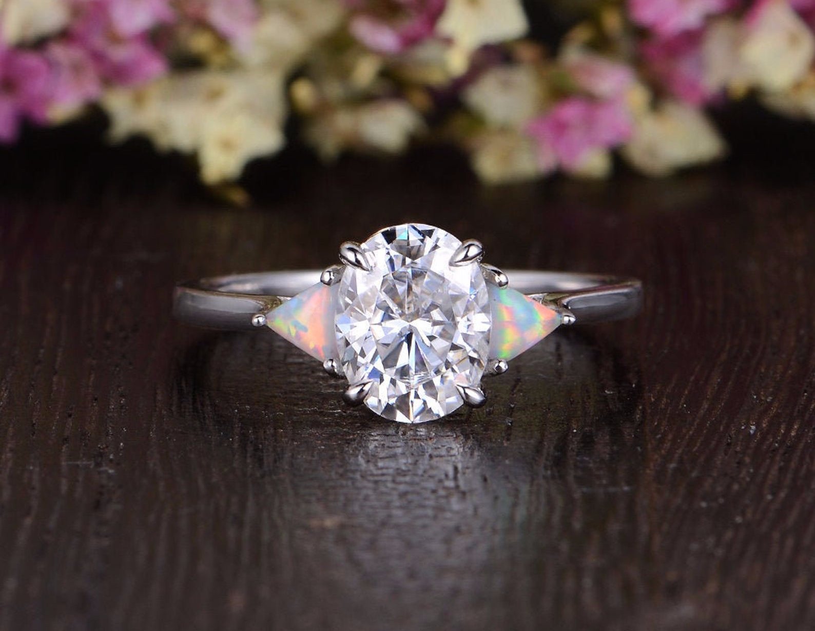 Oval Cut Moissanite & Opal Engagement Ring, Edwardian Design