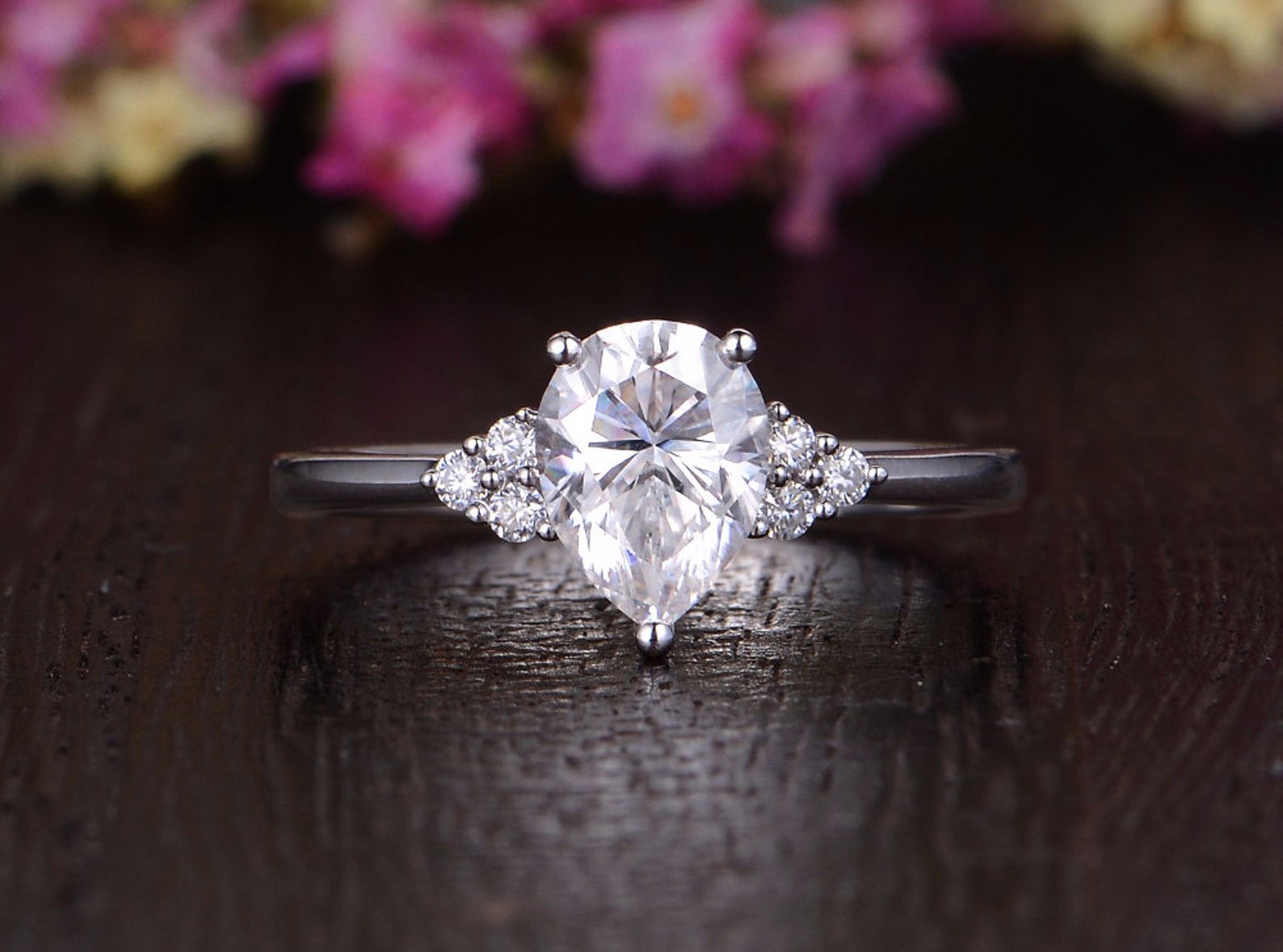 Pear Cut Moissanite Engagement Ring, Edwardian Design