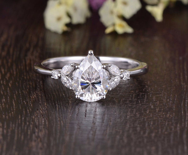 Pear Cut Moissanite Engagement Ring Vintage Design Flawless Moissanite