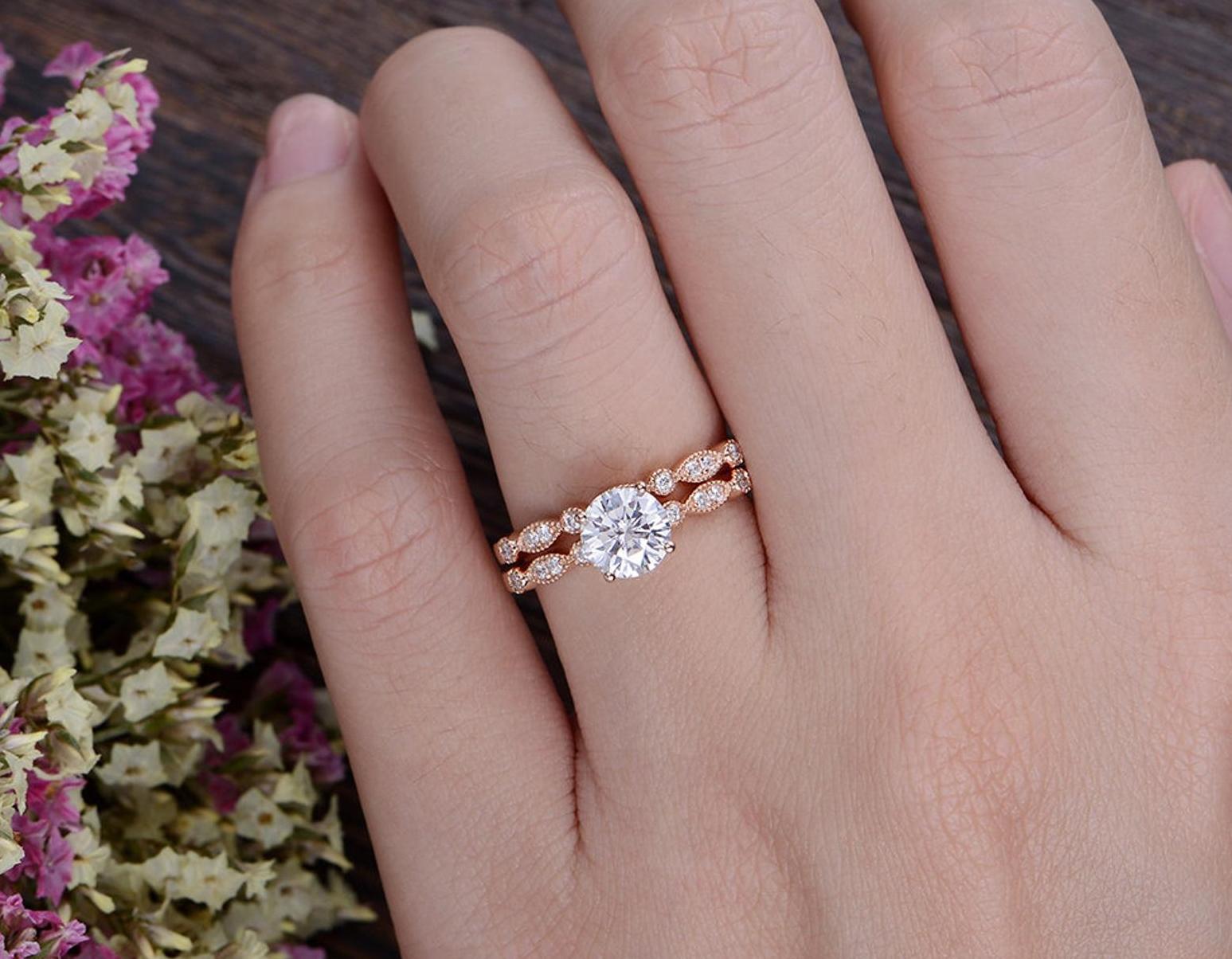 Vintage Style Bridal Ring Set, Round Cut