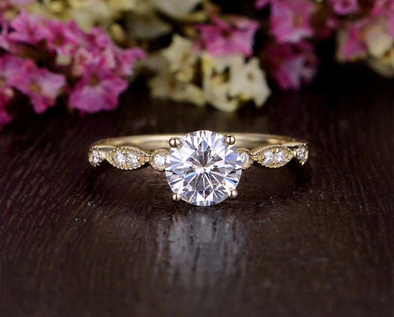 Round Cut Moissanite Engagement Ring, Unique Vintage Design